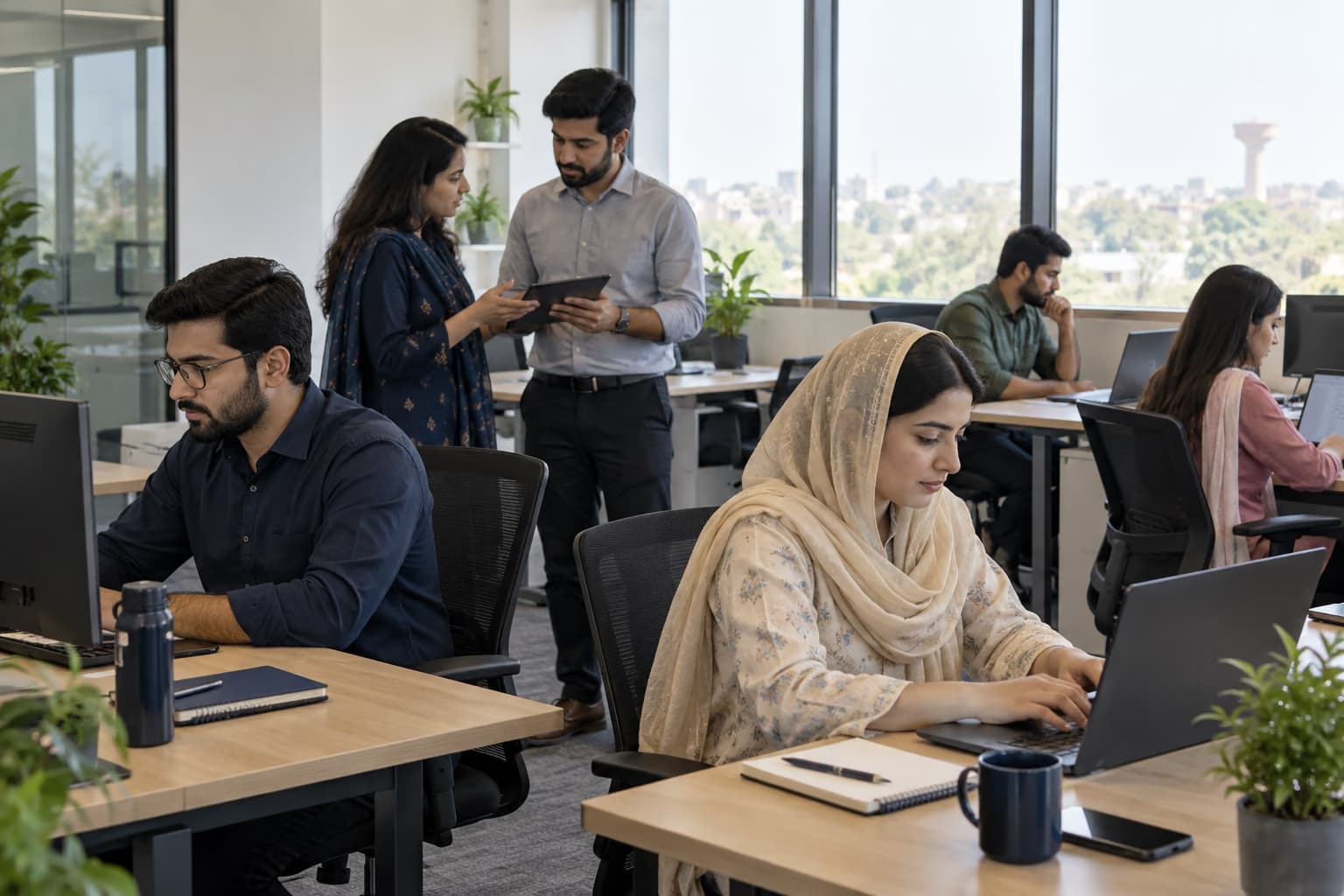 Pakistani software professionals collaborating in a contemporary office environment